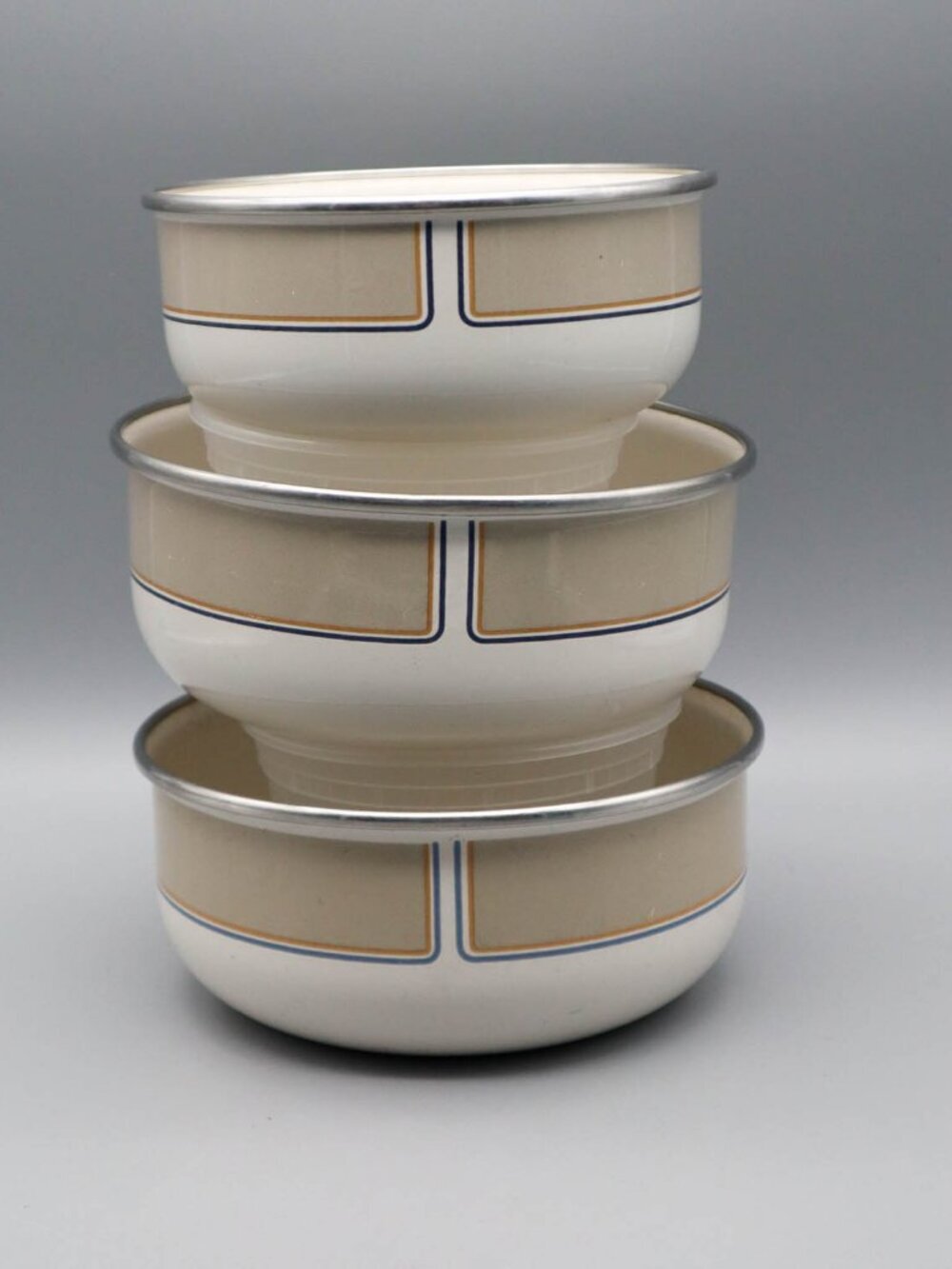 3 Vintage Kobe Kitchen Enamelware Bowls Mod Geometric Design Art Deco MCM